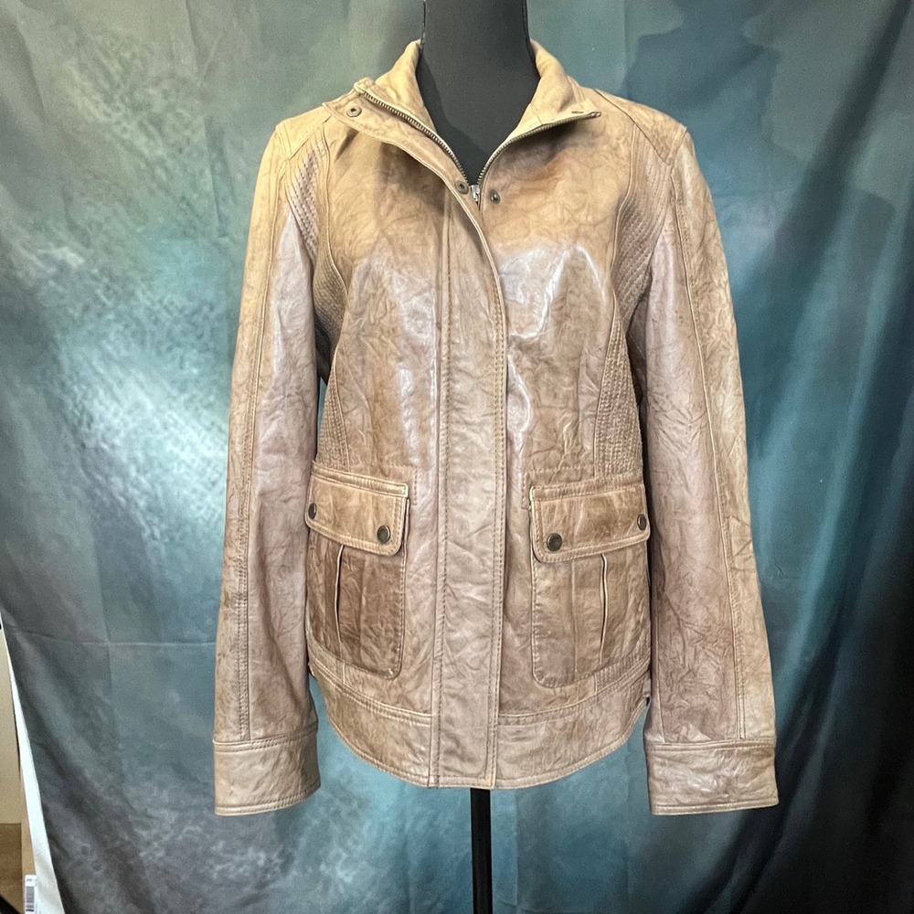 S.Oliver Distressed Lamb Napa Leather‎ Jacket Size Medium Tan Womens Moto Style - Picture 2 of 10